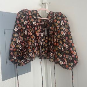 Nastygal Floral Plunge Tie Sleeve Blouse